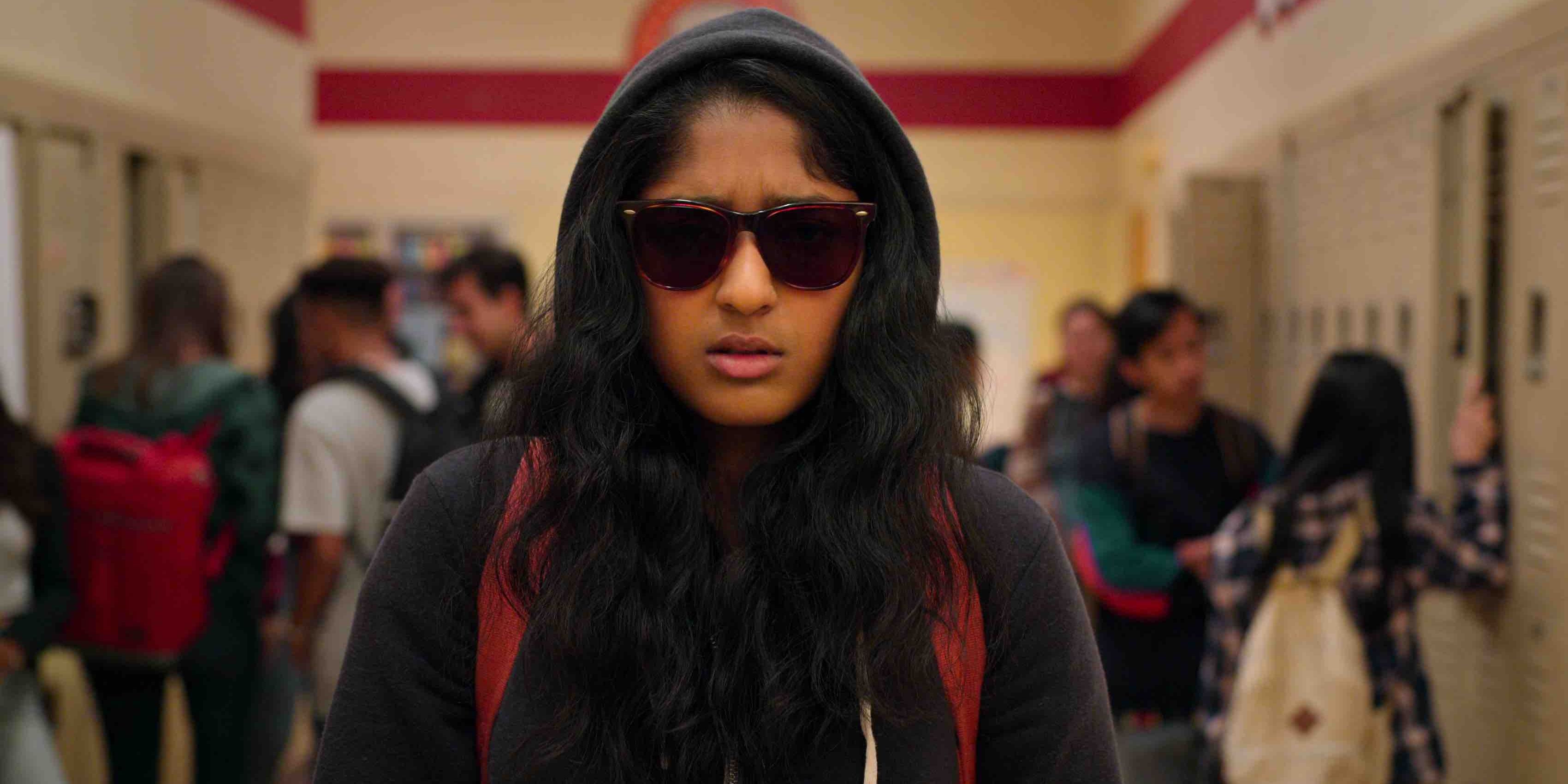 Devi wearing a hood and sunglasses in Never Have I Ever