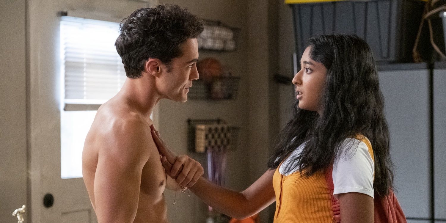 A shirtless Paxton talks with Devi in Never Have I Ever