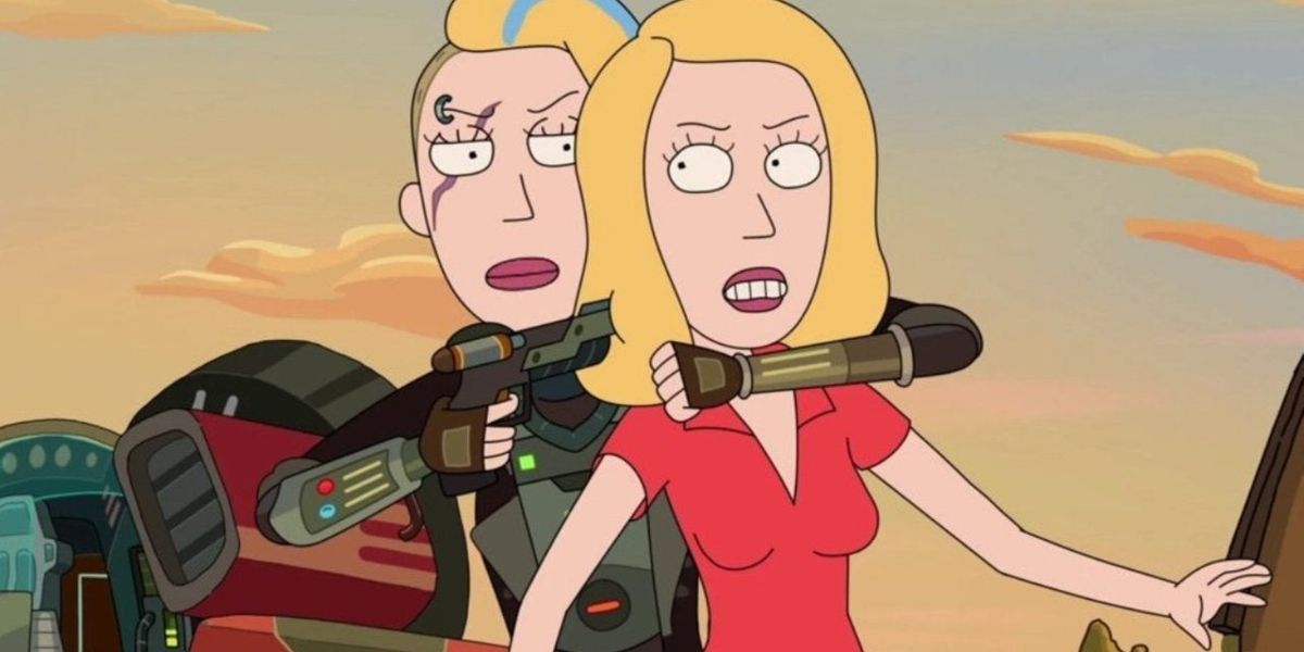 Clone Beth aponta uma arma para a cabeça de Beth em Rick and Morty 