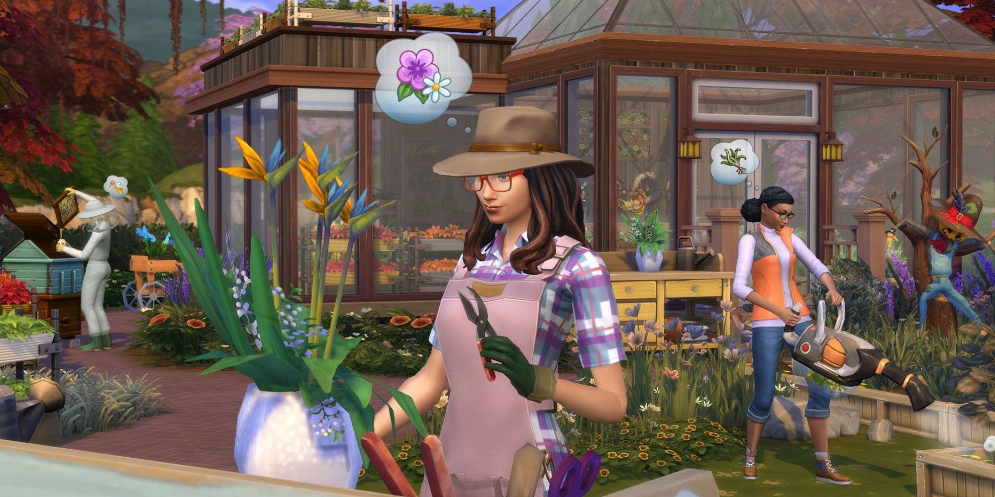 Sims performing various gardening tasks outside.