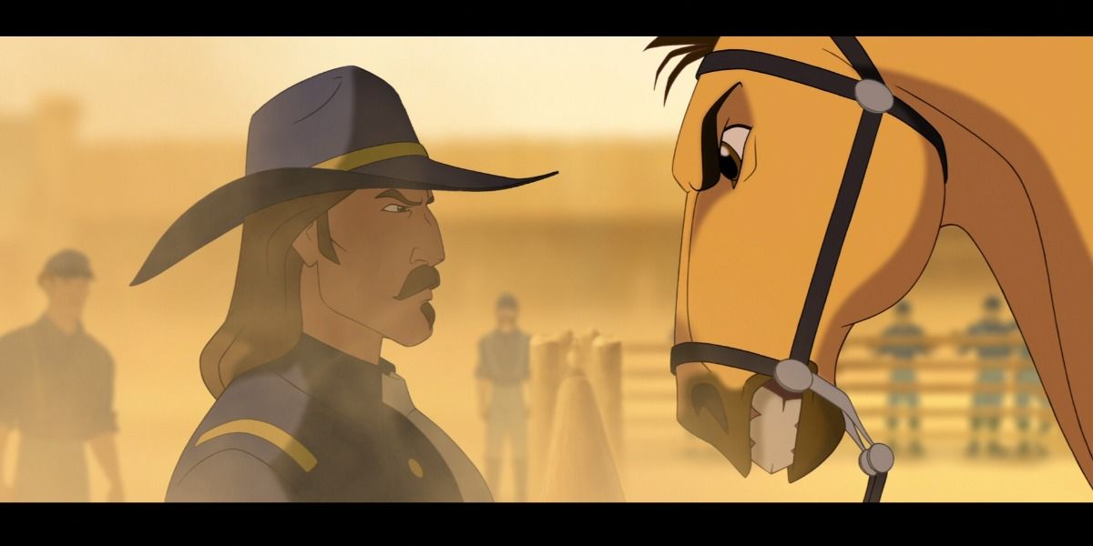 Spirit and the Colonel angrily looking at one another in Spirit Stallion of the Cimarron