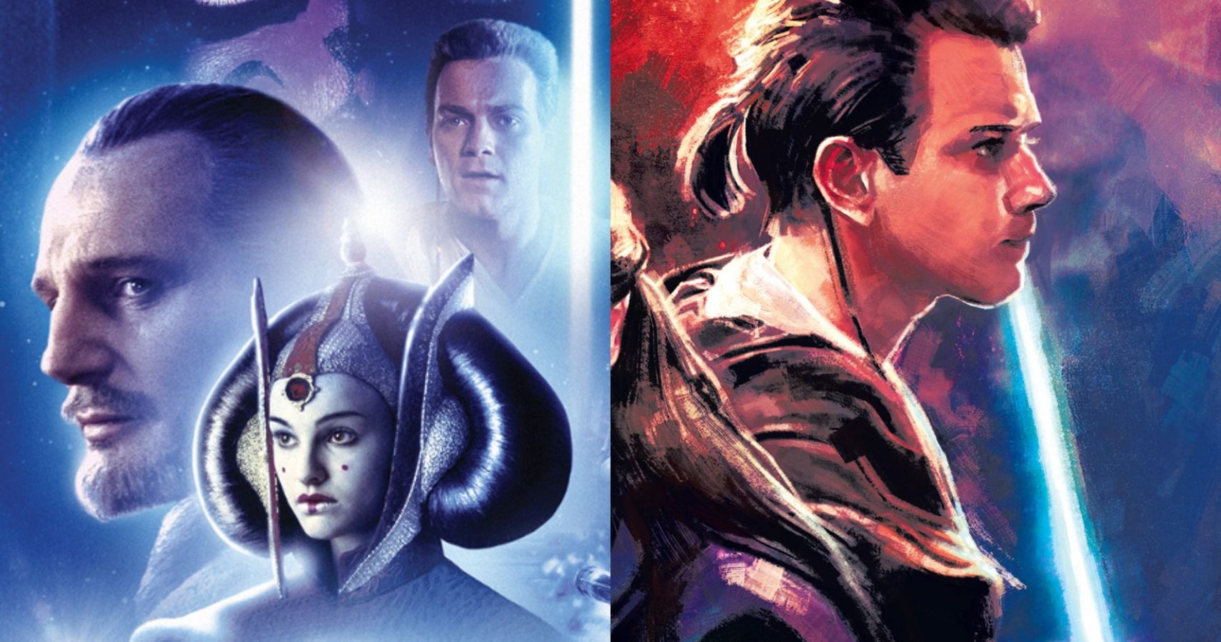 A split image of Phantom Menace fan art. One image shows Queen Amidala, Qui-Gonn, and Obi-Wan. The other is just Obi-Wan