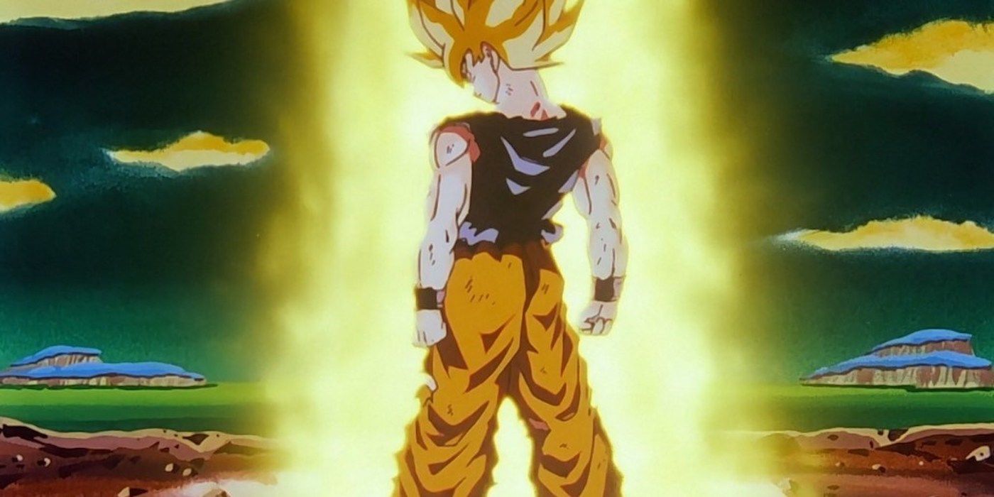 Goku transforms into a Super Saiyan for the first time