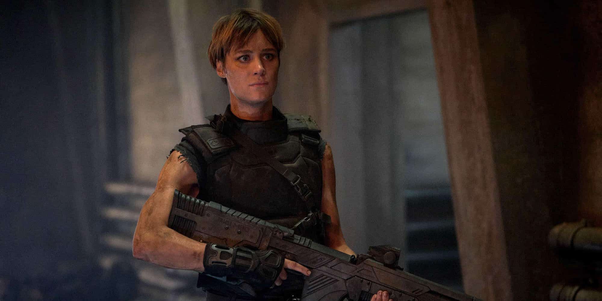 Mackenzie Davis holding a gun in Terminator Dark Fate