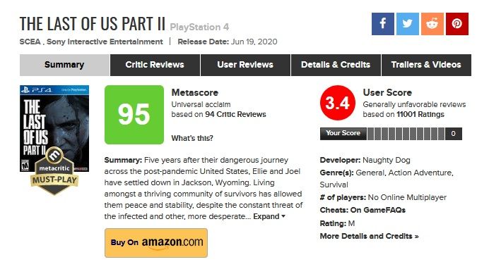The Metacritic score and user reviews for The Last of Us 2, showing the review bombing campaign.