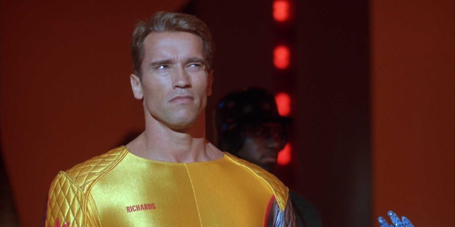 Arnold Schwarzenegger looks on angrily in The Running Man