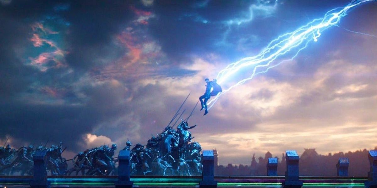 Thor lands on the battlefield in Thor: Ragnarok.