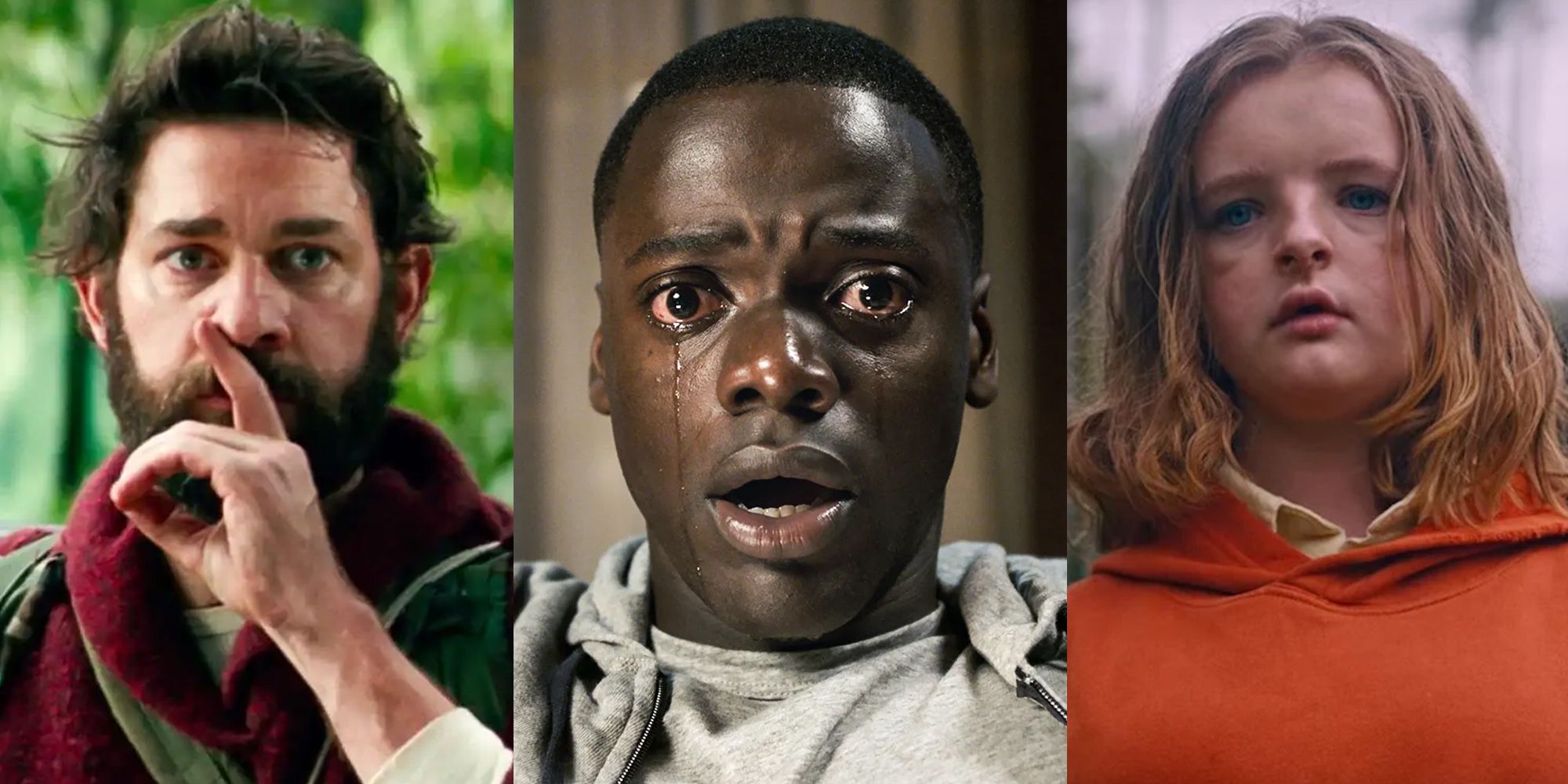 A collage of John Krasinski with his finger to his lips in A Quiet Place, Daniel Kaluuya crying in Get Out and Milly Shapiro outside in Hereditary