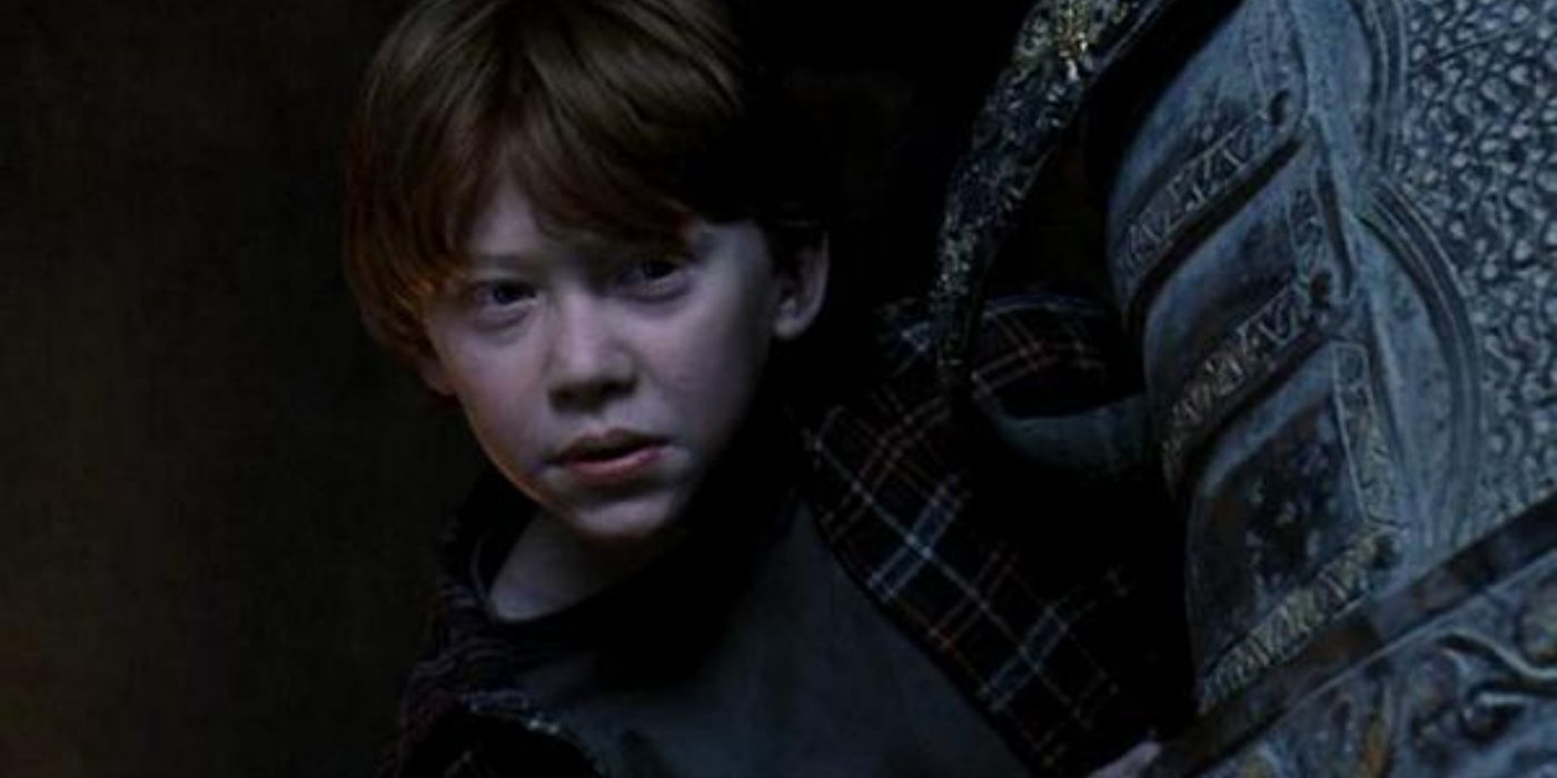 Ron rides knight chess piece in Harry Potter