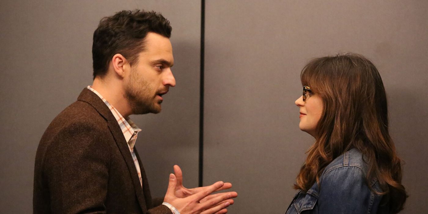 Nick and Jess talking in the elevator in New Girl