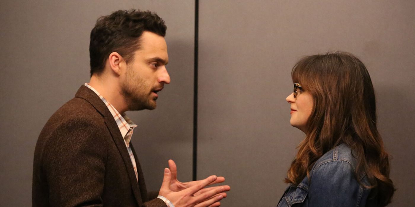 Nick e Jess conversando no elevador em New Girl