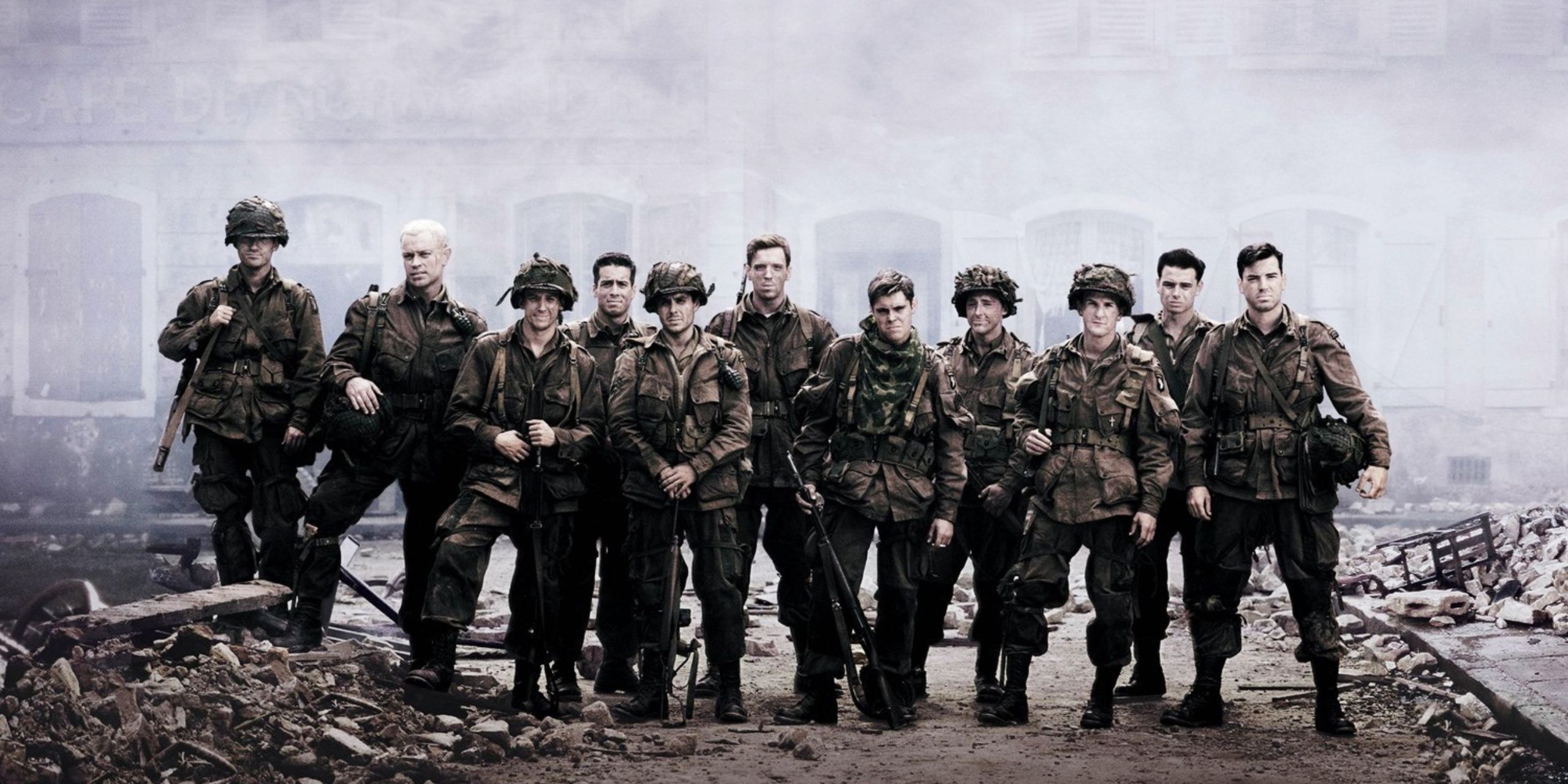 A group of soldiers standing in a misty background in Band of Brothers