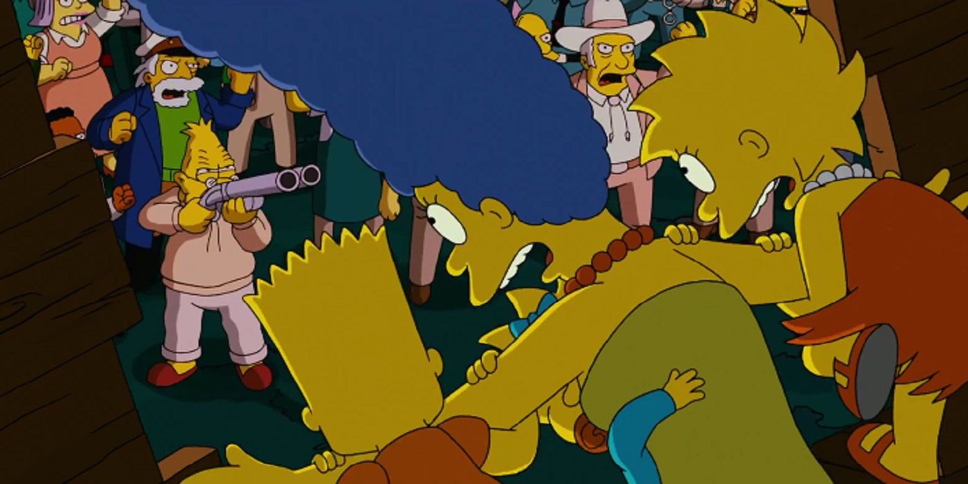 Grampa points a shotgun at Marge and the kids in The Simpsons Movie.