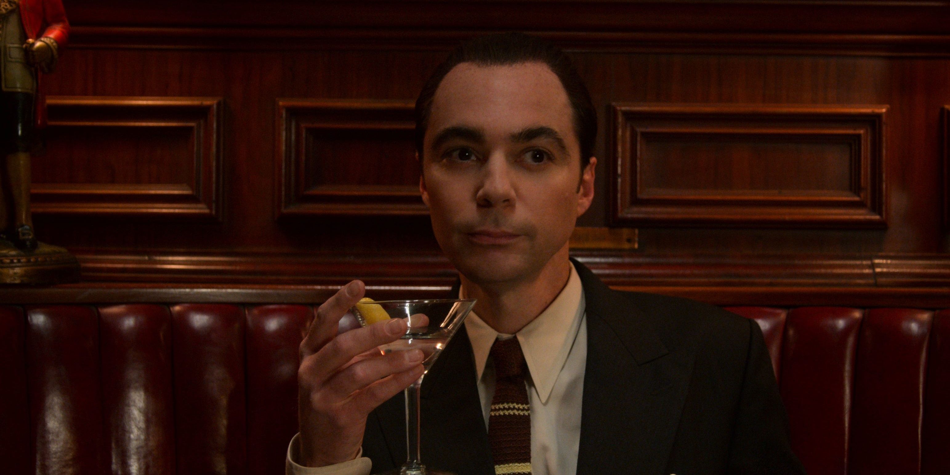 Jim Parsons as Henry Wilson in Hollywood sipping wine