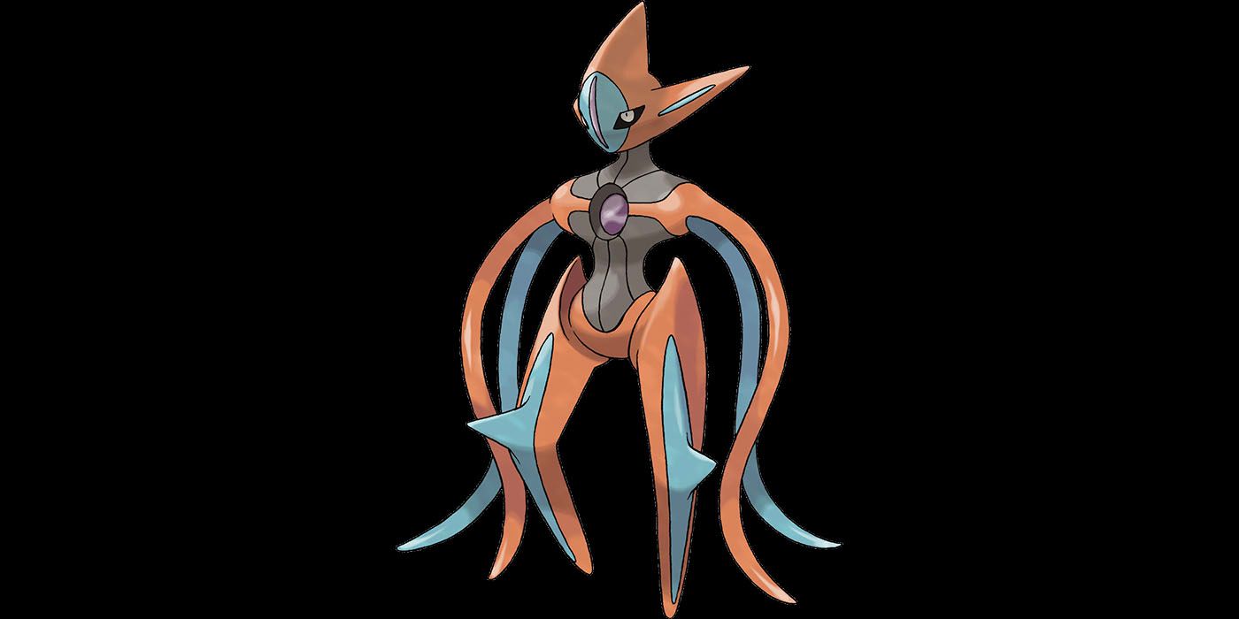 A Deoxys Pokemon in its Attack form in front of a black background