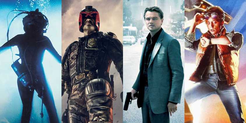 A collage of the posters for The Abyss, Dredd, Inception and Back to the Future