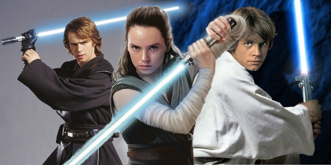 Imagen dividida de Anakin, Rey y Luke Skywalker posando con sus sables de luz azules.