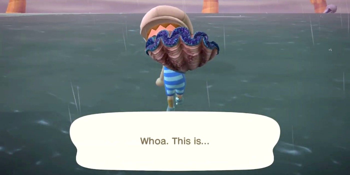 A player catches a Giant Clam, one of the fastest sea creatures, in Animal Crossing: New Horizons