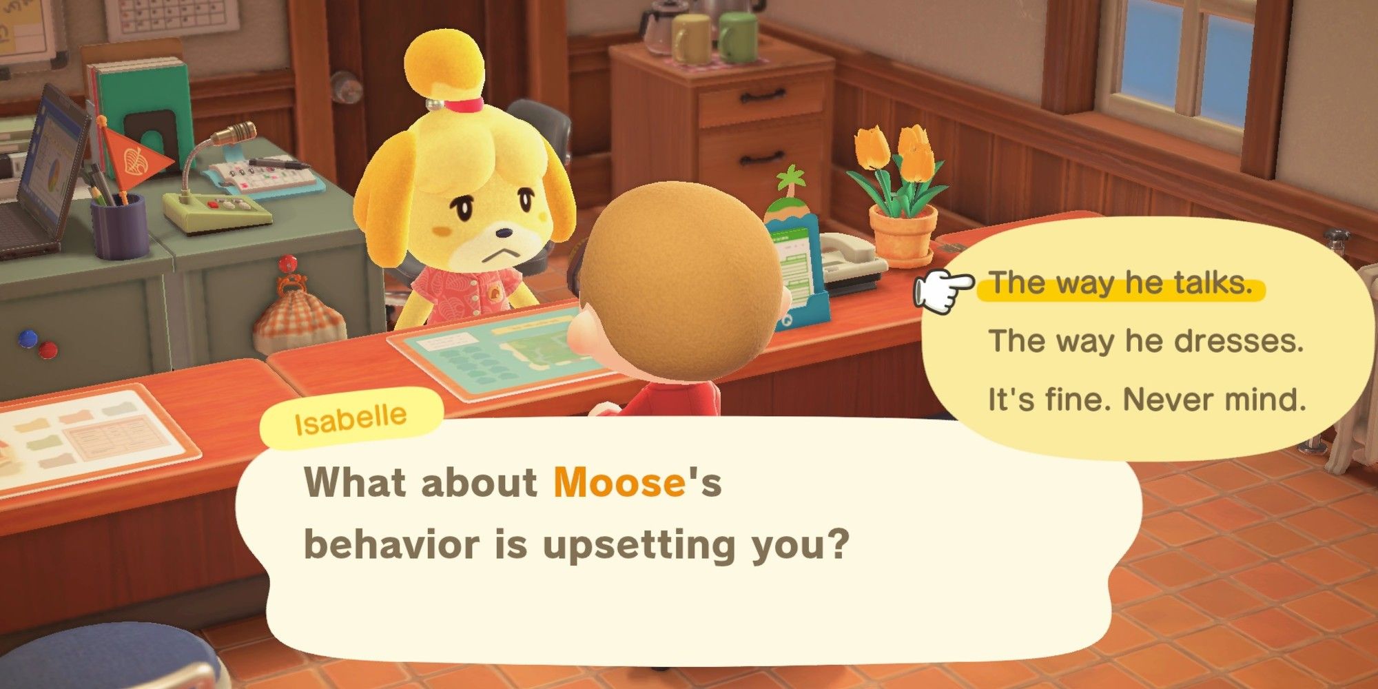 Um jogador registra uma reclamação sobre Moose com Isabelle no Resident Services em Animal Crossing: New Horizons.