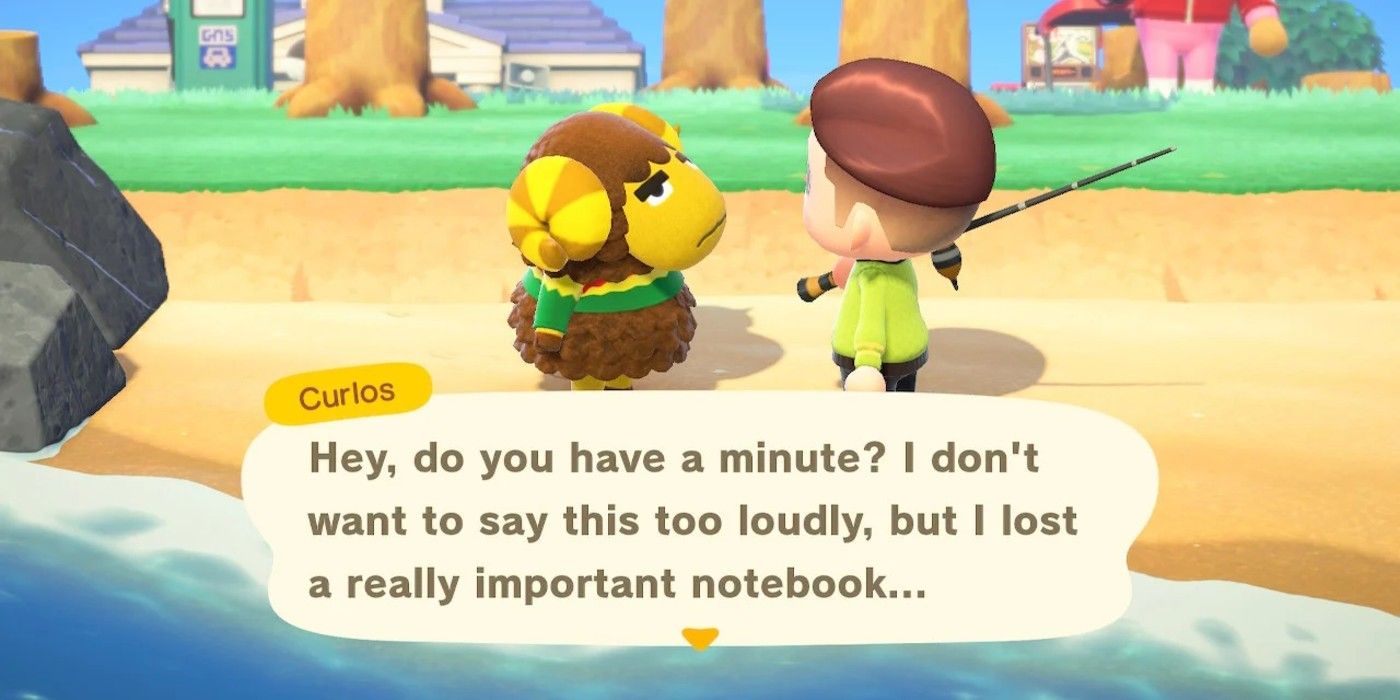 Curlos asks a player if he has seen a lost notebook in Animal Crossing: New Horizons