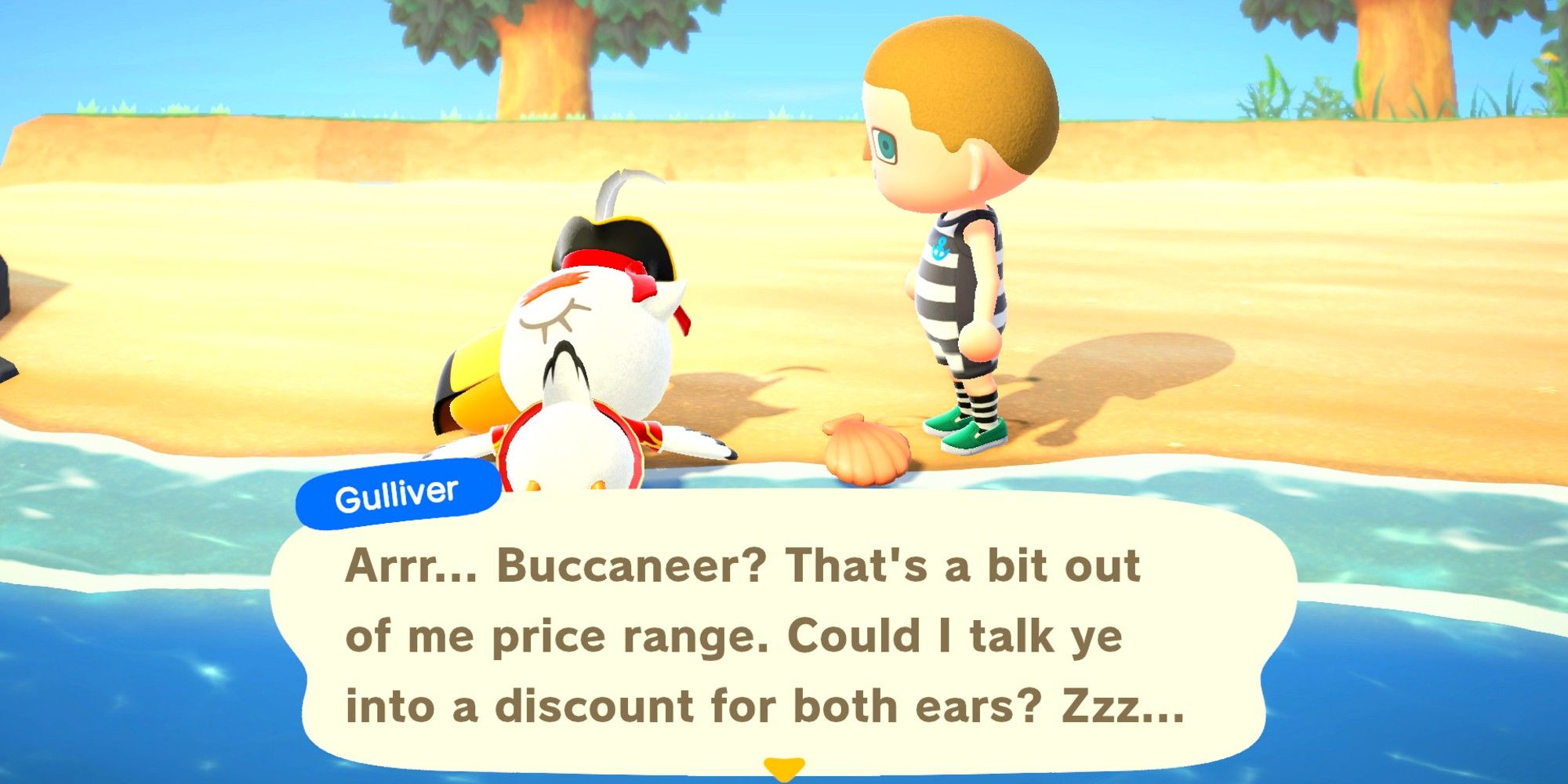 A player finds Pirate Gulliver, Gullivarrr, washed up on a beach on their island in Animal Crossing: New Horizons