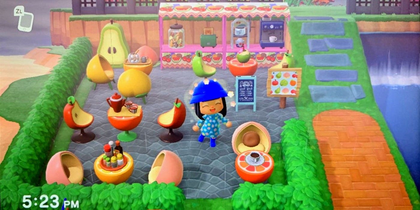 Player u/FuzzyPeach21 on Reddit created a smoothie bar from the fruit furniture collection in Animal Crossing: New Horizons