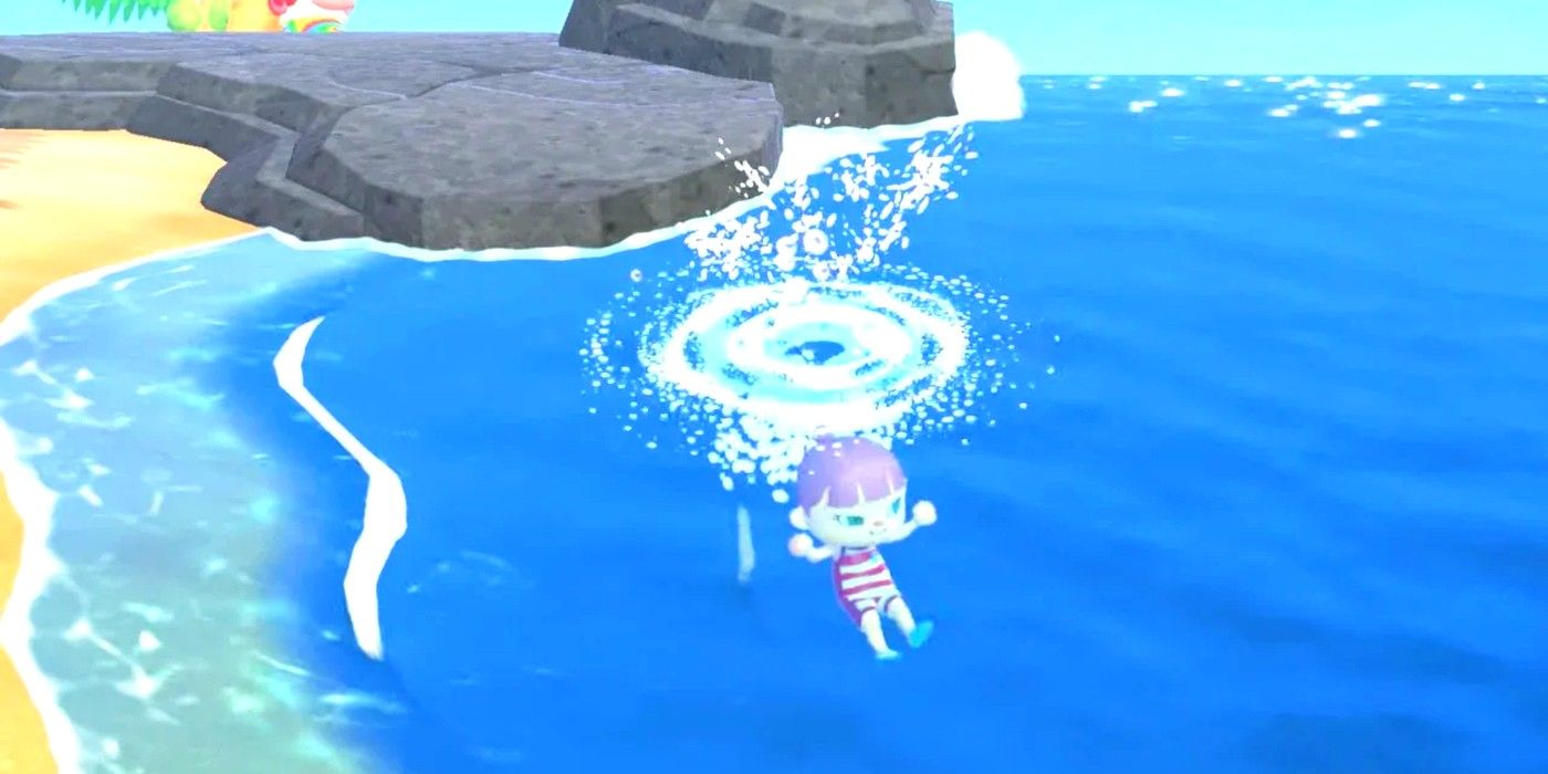 A player dives into the ocean wearing a wetsuit in Animal Crossing: New Horizons.