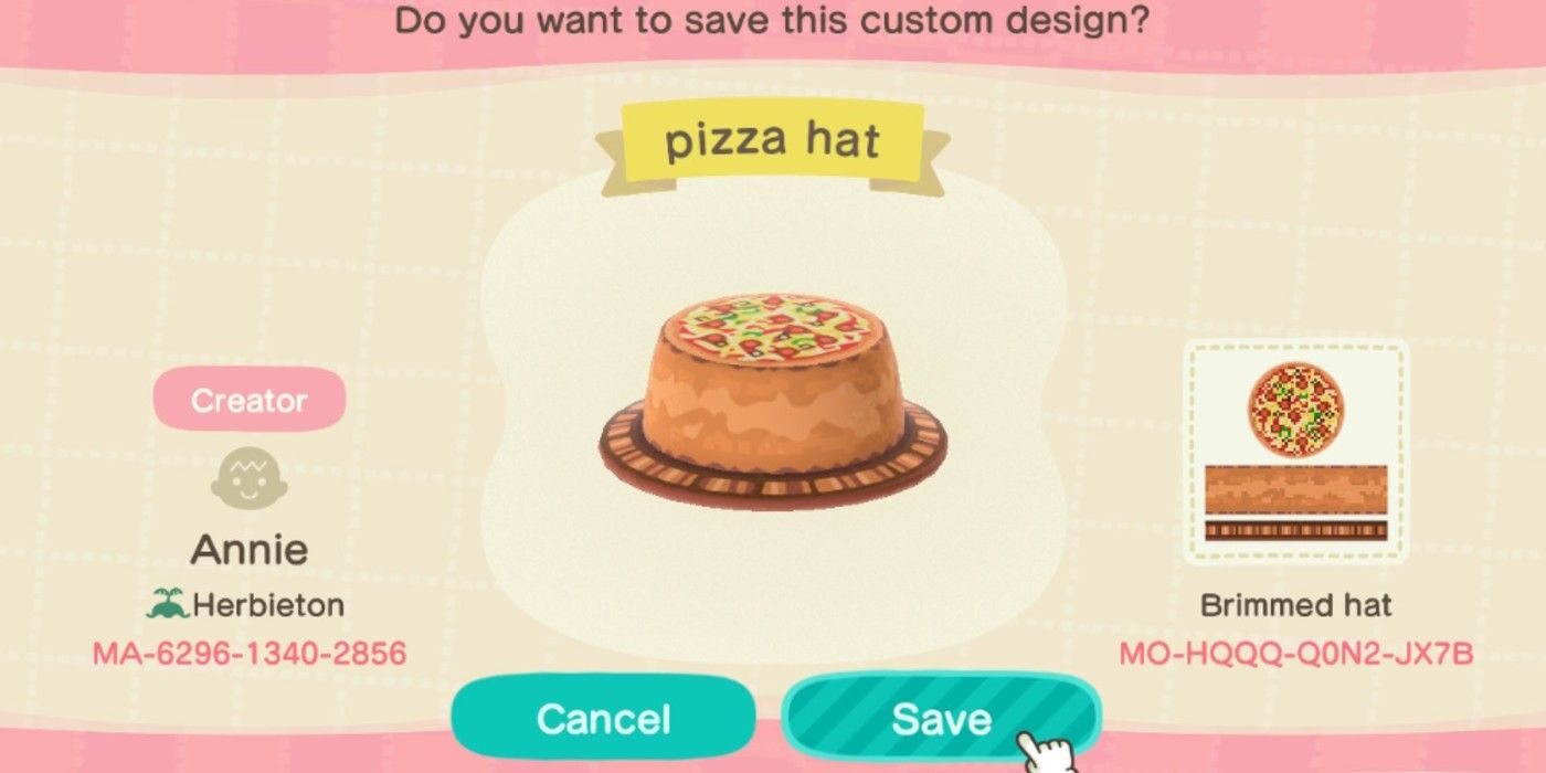 A pizza hat designed by a player in Animal Crossing: New Horizons