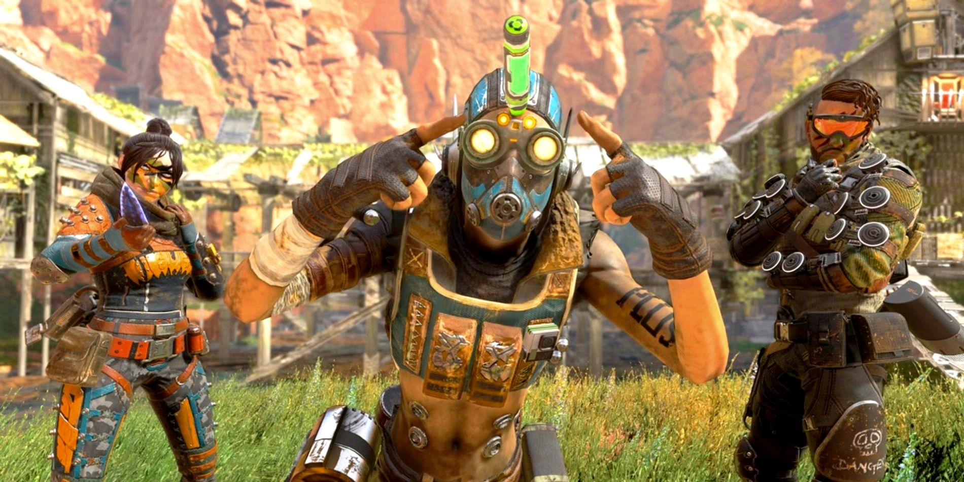 Three Apex Legends characters posing - Wraith, Octane and Mirage.