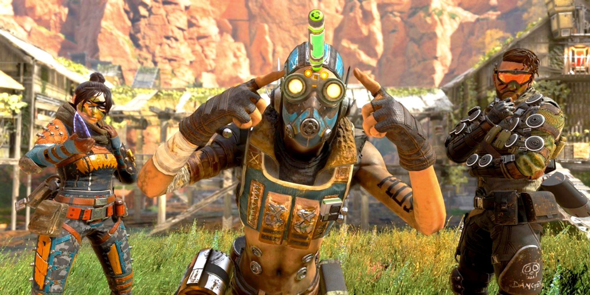 Three characters from Apex Legends posing - Wraith, Octane, and Mirage.