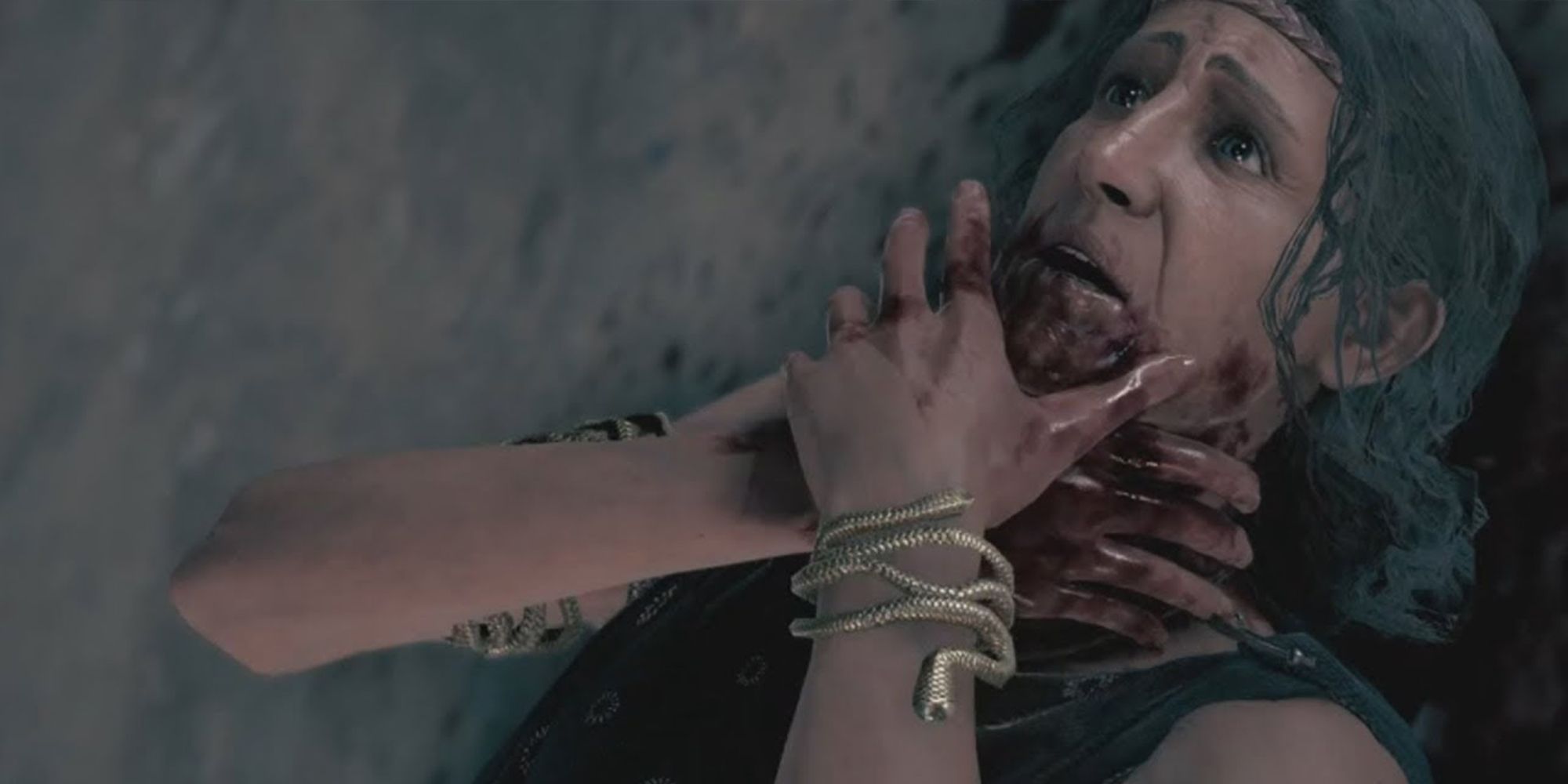 Chrysis clutching her neck and holding a bloody wound in Assassin's Creed Odyssey