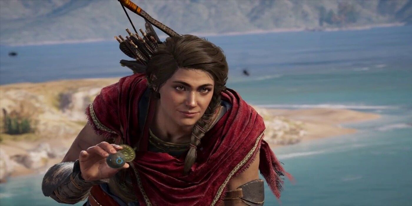 Kassandra se agacha enquanto segura o Olho do Ciclope em Assassin's Creed Odyssey.