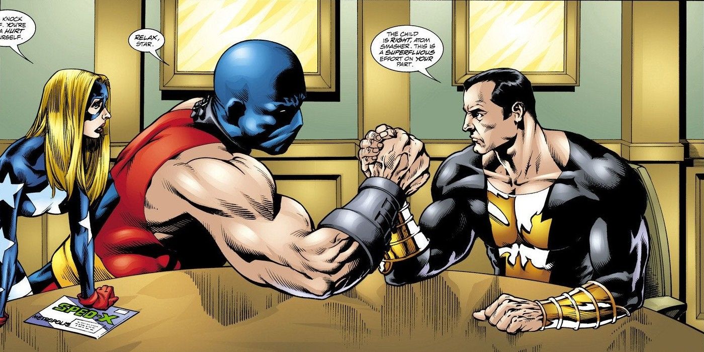 Atom Smasher and Black Adam arm wrestling in DC comics