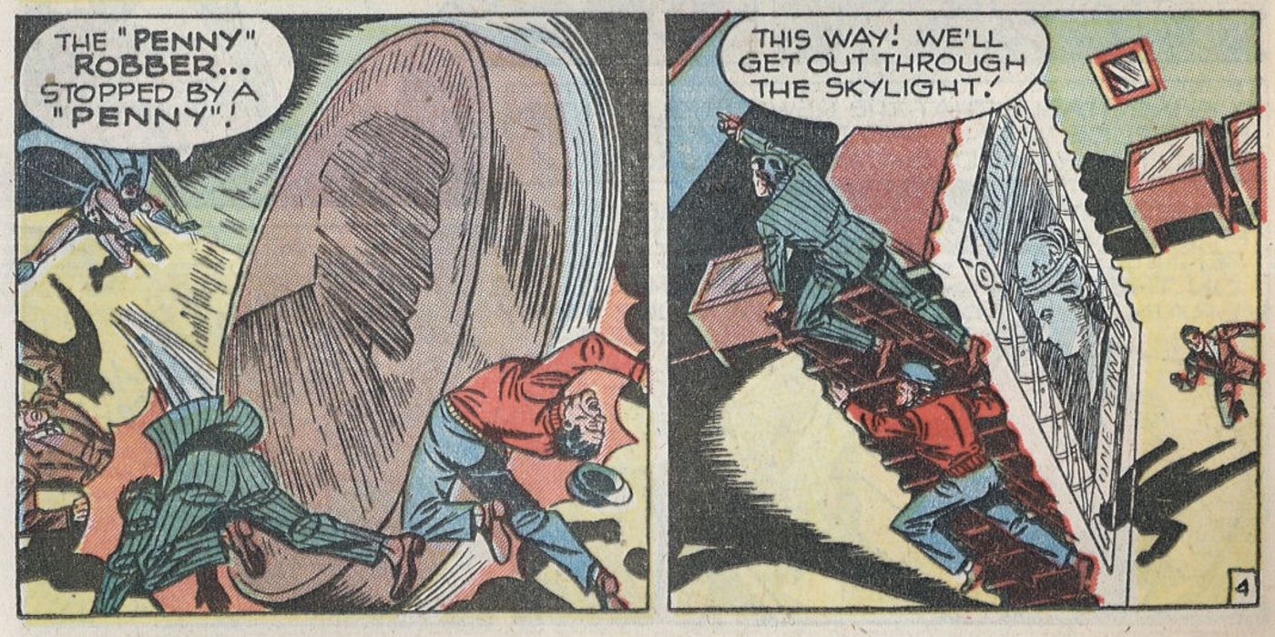 Batman using his giant penny to stop The Penny Plunderer.