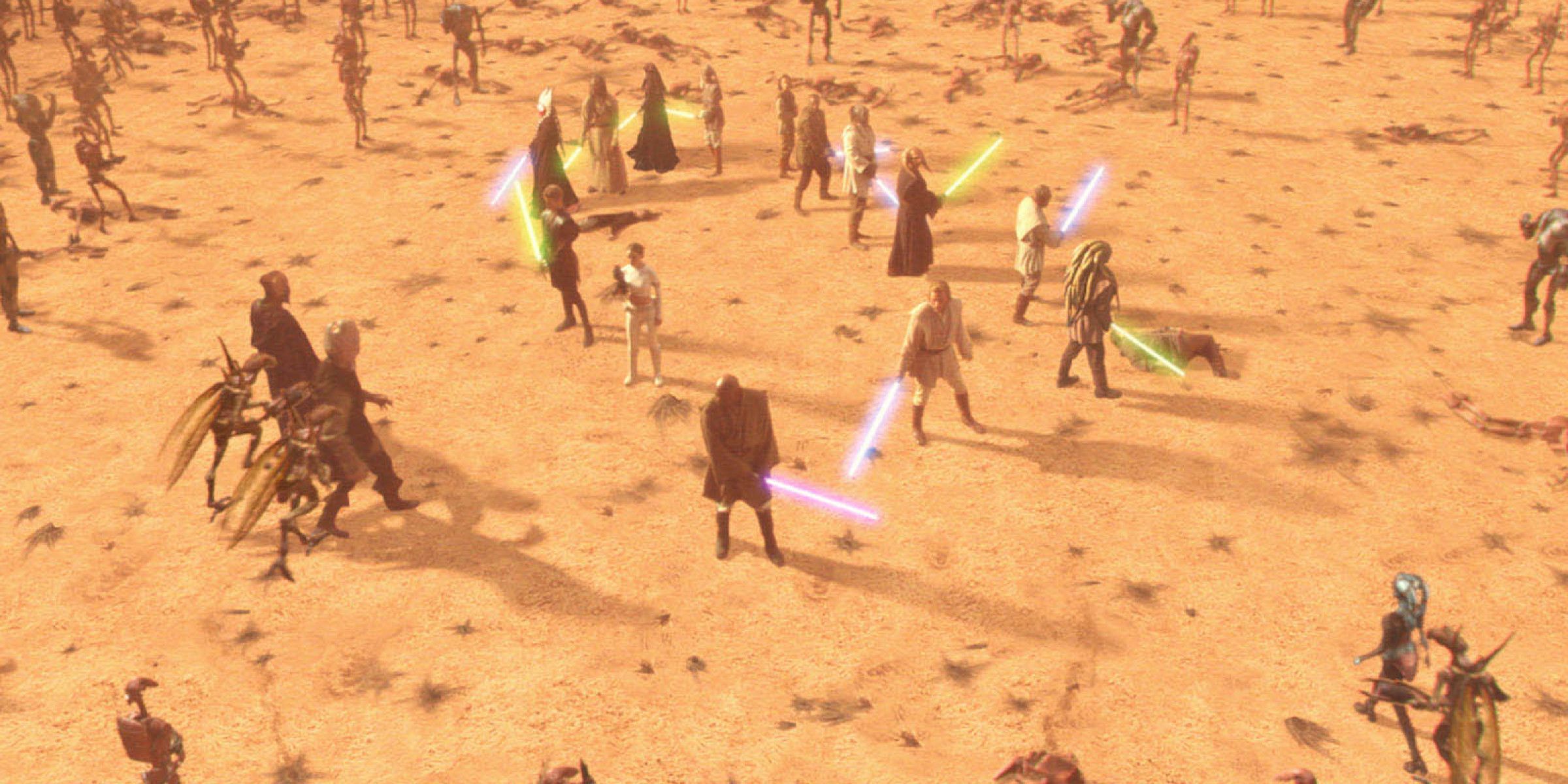 The Jedi await rescue from the clone troopers during the Battle of Geonosis