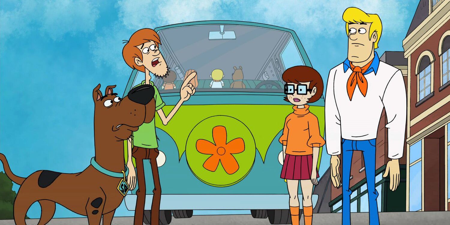 The Mystery Inc. gang stand outside the Mystery Machine in Be Cool, Scooby-Doo!