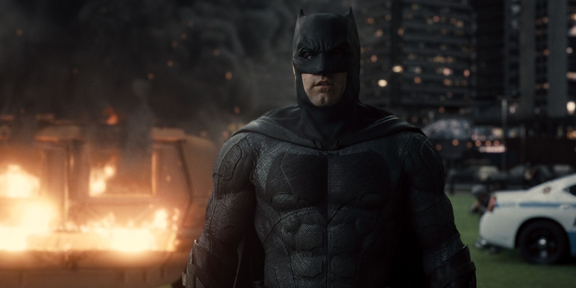 Ben Affleck's Batman approaching a rogue Superman in Zack Snyder's Justice League