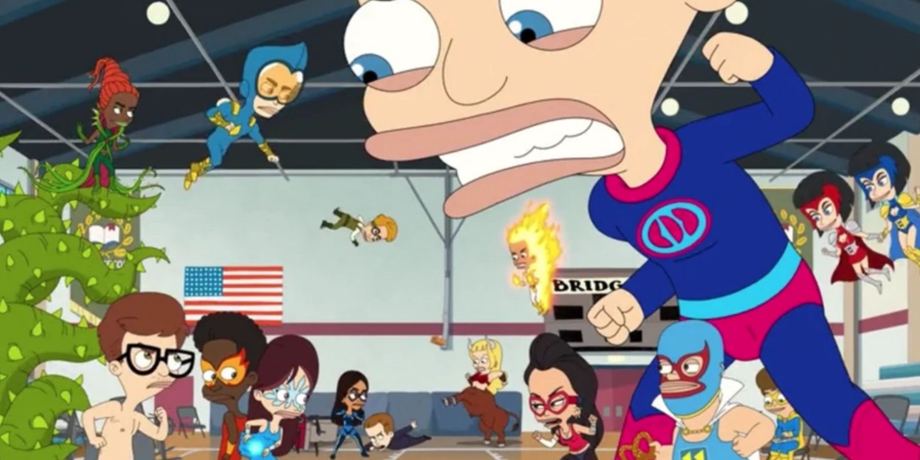 Big Mouth characters causing mayhem with superpowers in their school