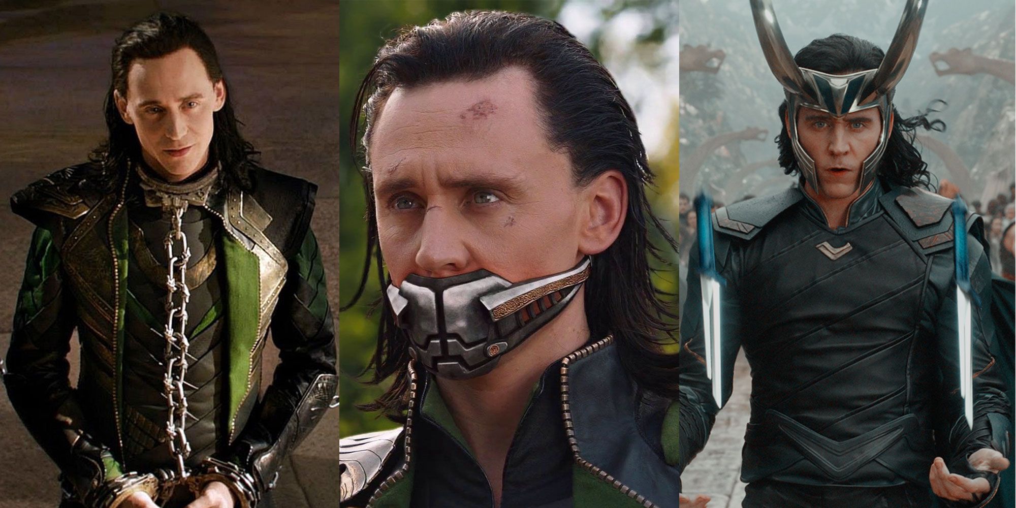 Plit image of Loki in the MCU in chains, with a mask and wearing his horn helmet