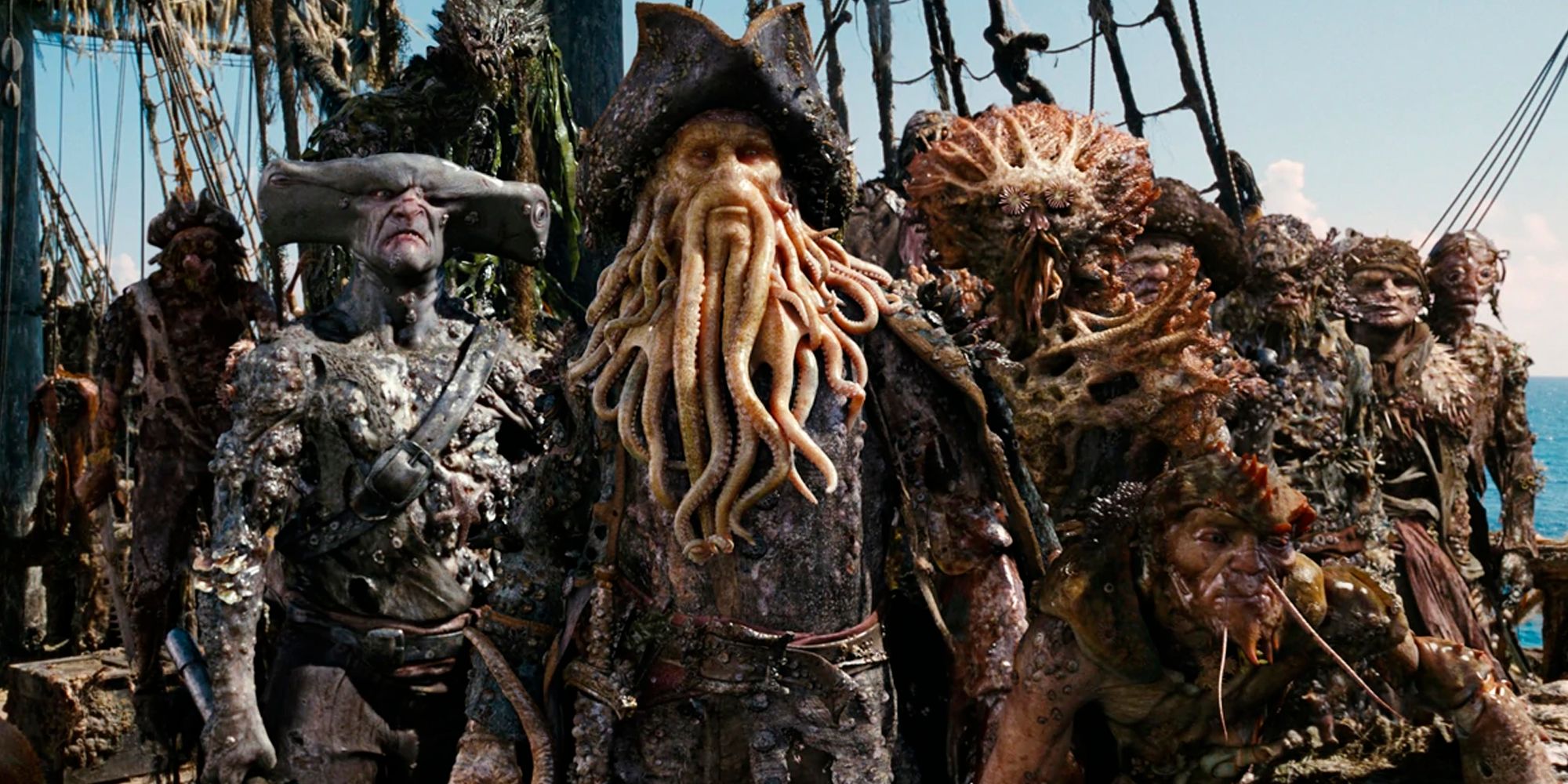 Bill Nighy as Davy Jones the Captain of the Flying Dutchman in Pirates of the Caribbean and his crew