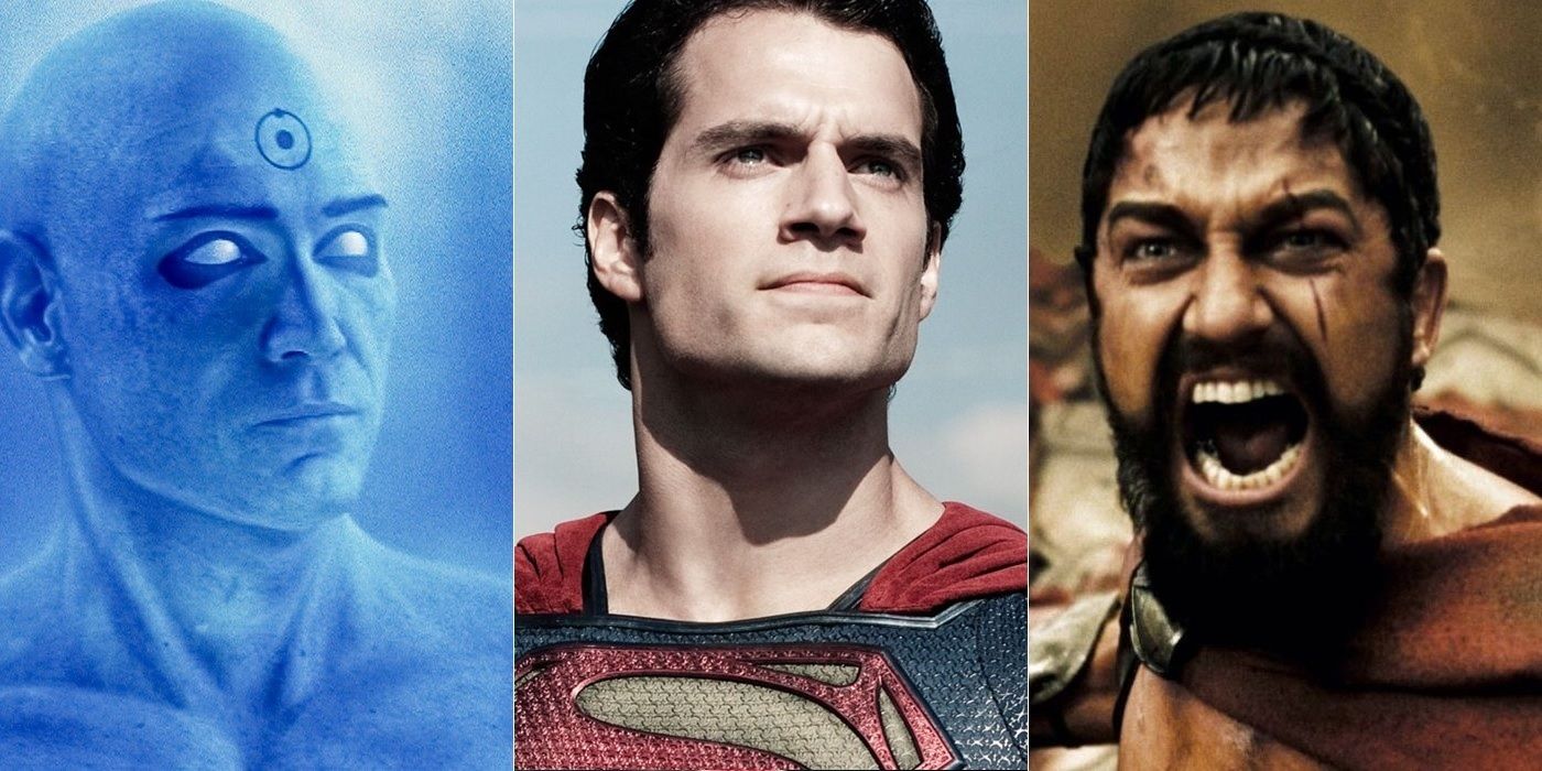 Billy Crudup as Doctor Manhattan in Watchmen, Henry Cavill as Superman in Man of Steel and Gerard Butler as King Leonidas in 300
