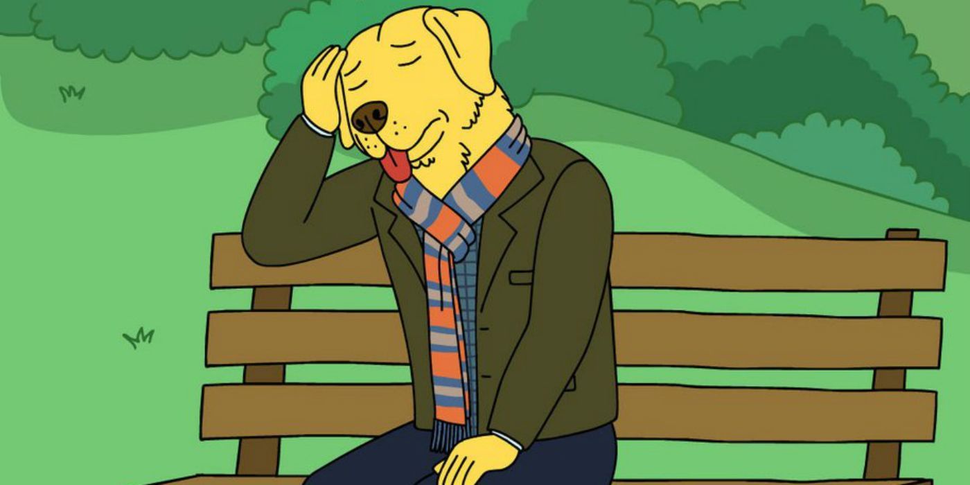 Mr. Peanutbutter sits on a park bench with eyes closed in BoJack Horseman.