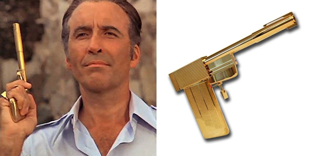 Split image of the golden gun from James Bond next to Scaramanga holding it