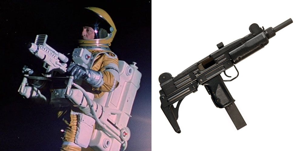 An astronaut with a laser gun in Moonraker next to an image of the Uzi that the laser gun was based on