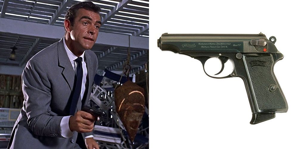 Split image of a Walther PPK and James Bond using it