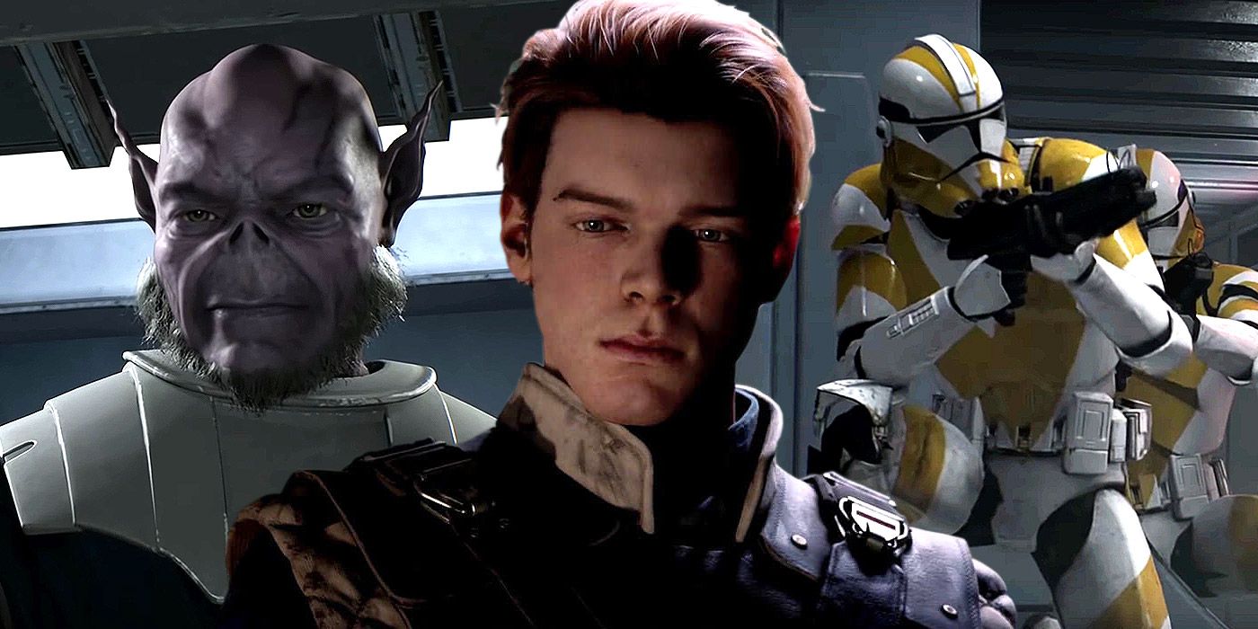 Split image of Jaro Tapal, Cal Kestis and a 13th Battalion Republic trooper from Star Wars: Jedi Fallen Order