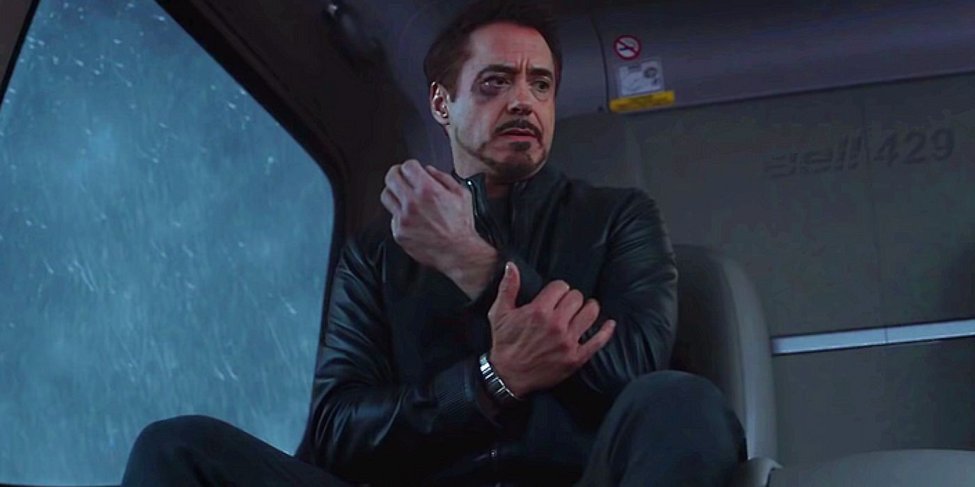 Tony injured and looking pensive in Captain America: Civil War.