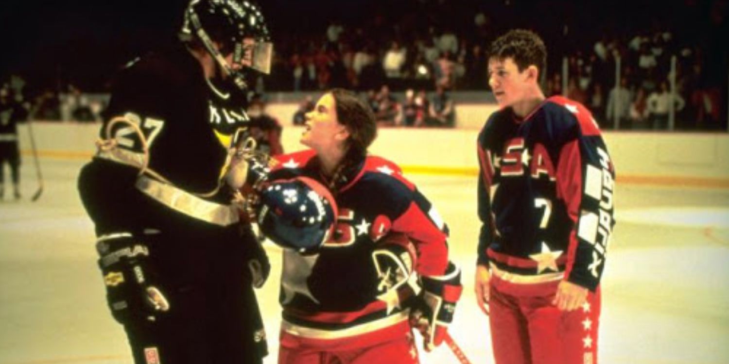 Connie And Dwayne in their USA jerseys VS an Icelandplayer on the ice in D2 The Mighty Ducks