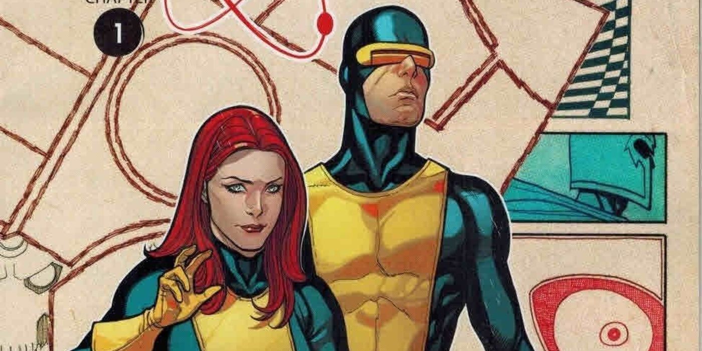 Cyclops and Jean Grey stand together in their original costumes 