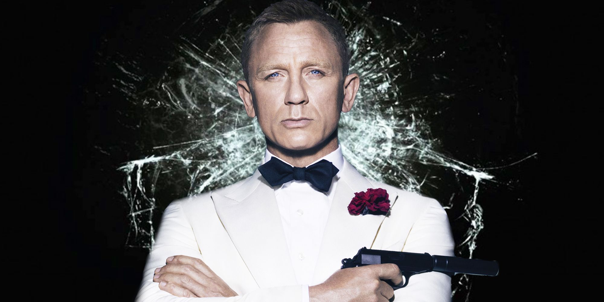 Daniel Craig as James Bond stands in front of the Spectre symbol